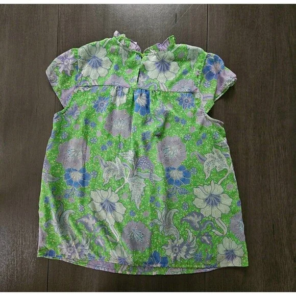 Joie Top Blouse Womens Large Green Floral Ruffles Lined Bloom Cottage Cap Sleeve - Picture 2 of 8